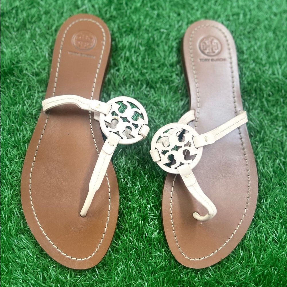 Tory Burch Brown Leather Sandals with Ivory Logo Medallions